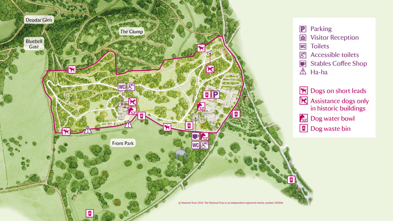 A map of the dog facilities and on lead areas at Killerton